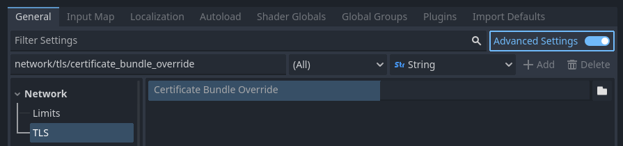 Setting the TLS certificate bundle override project setting