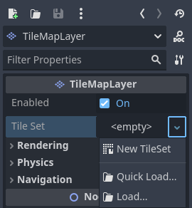 Creating a new TileSet resource within the TileMapLayer node