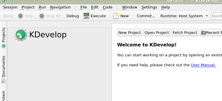 KDevelop's main screen.